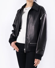 Black Shirt Collar Zipped Lambskin Bomber Jacket