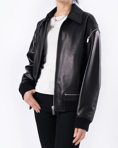 Black Shirt Collar Zipped Lambskin Bomber Jacket