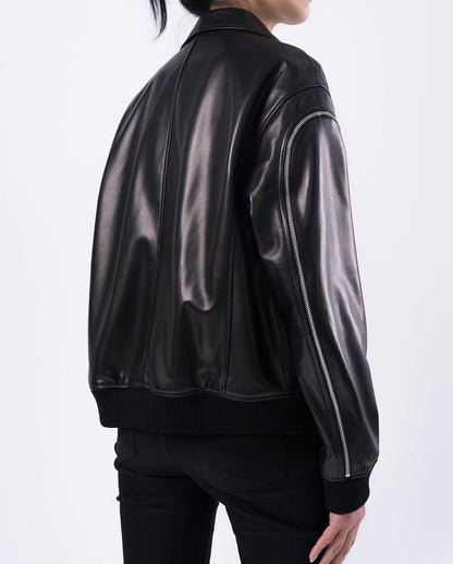 Black Shirt Collar Zipped Lambskin Bomber Jacket