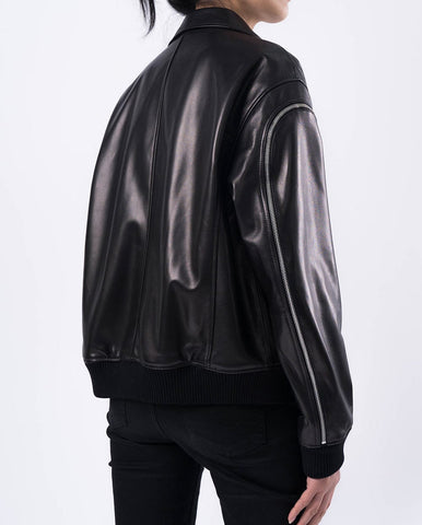 Black Shirt Collar Zipped Lambskin Bomber Jacket