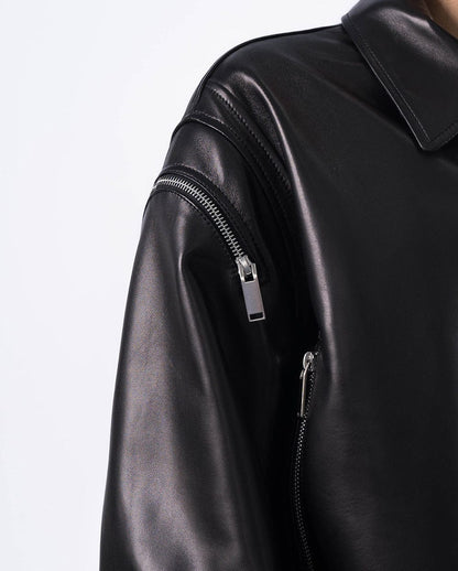 Black Shirt Collar Zipped Lambskin Bomber Jacket