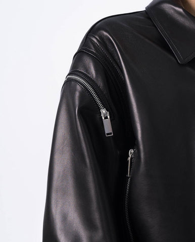 Black Shirt Collar Zipped Lambskin Bomber Jacket