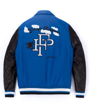 Blue-Black Embroidery Patched Lambskin Leather Varsity Bomber Jacket