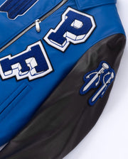 Blue-Black Embroidery Patched Lambskin Leather Varsity Bomber Jacket