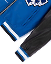 Blue-Black Embroidery Patched Lambskin Leather Varsity Bomber Jacket