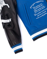 Blue-Black Embroidery Patched Lambskin Leather Varsity Bomber Jacket