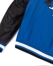 Blue-Black Embroidery Patched Lambskin Leather Varsity Bomber Jacket