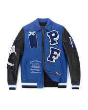 Blue-Black Embroidery Patched Lambskin Leather Varsity Bomber Jacket