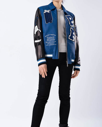 Blue-Black Embroidery Patched Lambskin Leather Varsity Bomber Jacket