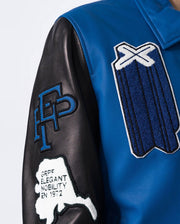 Blue-Black Embroidery Patched Lambskin Leather Varsity Bomber Jacket
