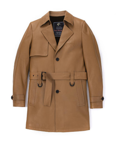 Brown Embossment Logo Genuine Leather Long Trench Coat