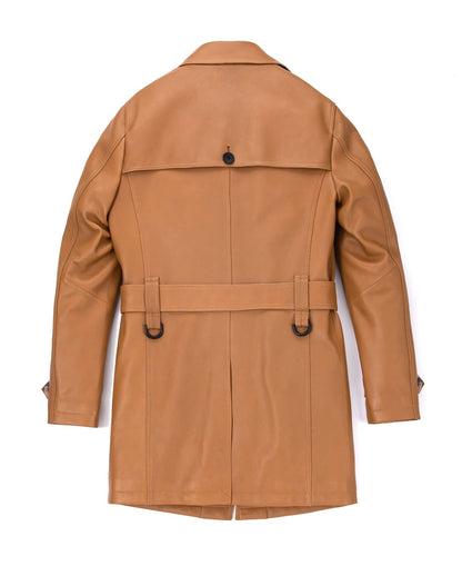 Brown Embossment Logo Genuine Leather Long Trench Coat