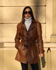 Brown Embossment Logo Genuine Leather Long Trench Coat
