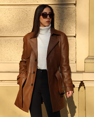 Brown Embossment Logo Genuine Leather Long Trench Coat