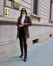Brown Embossment Logo Genuine Leather Long Trench Coat