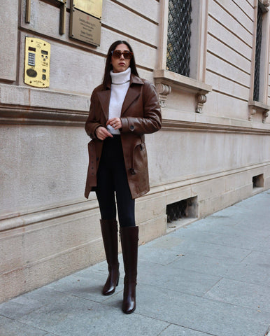 Brown Embossment Logo Genuine Leather Long Trench Coat