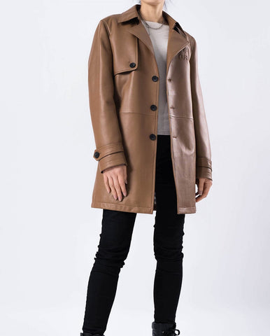 Brown Embossment Logo Genuine Leather Long Trench Coat