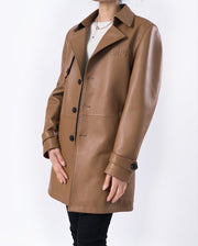 Brown Embossment Logo Genuine Leather Long Trench Coat