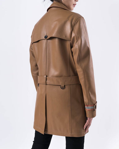Brown Embossment Logo Genuine Leather Long Trench Coat