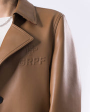 Brown Embossment Logo Genuine Leather Long Trench Coat