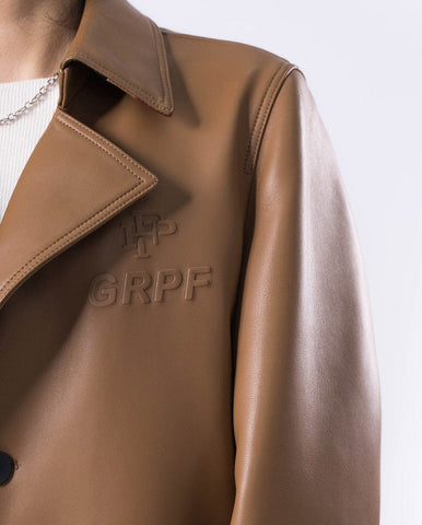 Brown Embossment Logo Genuine Leather Long Trench Coat
