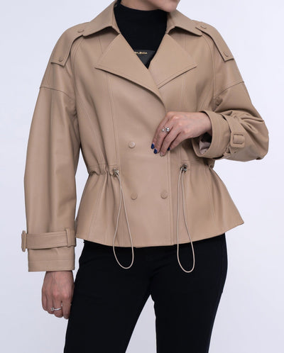 Camel Brown Leather Double-breasted Blazer Elastic Waist