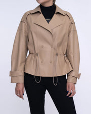 Camel Brown Leather Double-breasted Blazer Elastic Waist