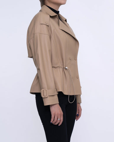 Camel Brown Leather Double-breasted Blazer Elastic Waist
