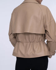 Camel Brown Leather Double-breasted Blazer Elastic Waist