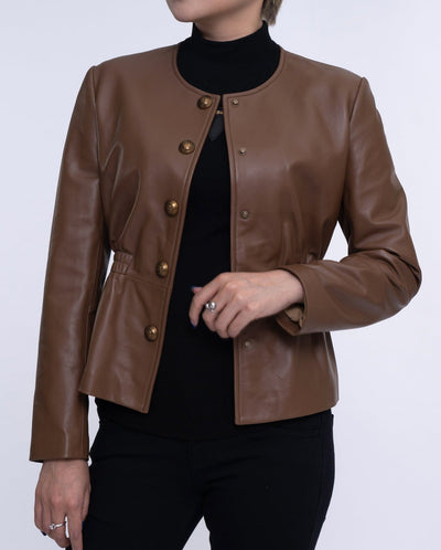 Coffee Brown Cropped Leather Jacket Elastic Waist
