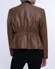 Coffee Brown Cropped Leather Jacket Elastic Waist