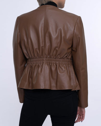 Coffee Brown Cropped Leather Jacket Elastic Waist