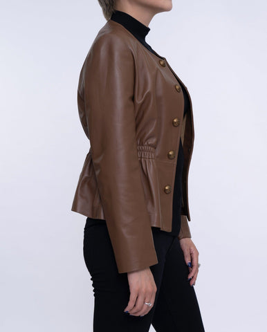 Coffee Brown Cropped Leather Jacket Elastic Waist