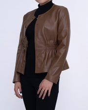 Coffee Brown Cropped Leather Jacket Elastic Waist