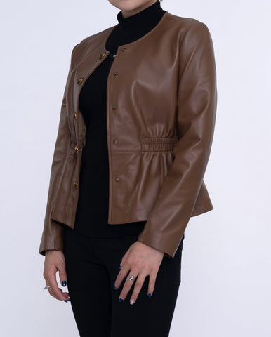 Coffee Brown Cropped Leather Jacket Elastic Waist
