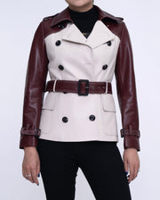 White-red Double-breasted Leather Trench Coat