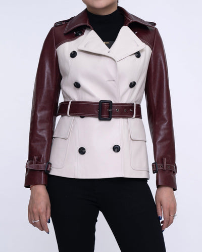 White-red Double-breasted Leather Trench Coat