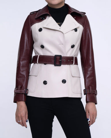 White-red Double-breasted Leather Trench Coat