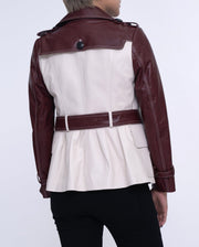 White-red Double-breasted Leather Trench Coat