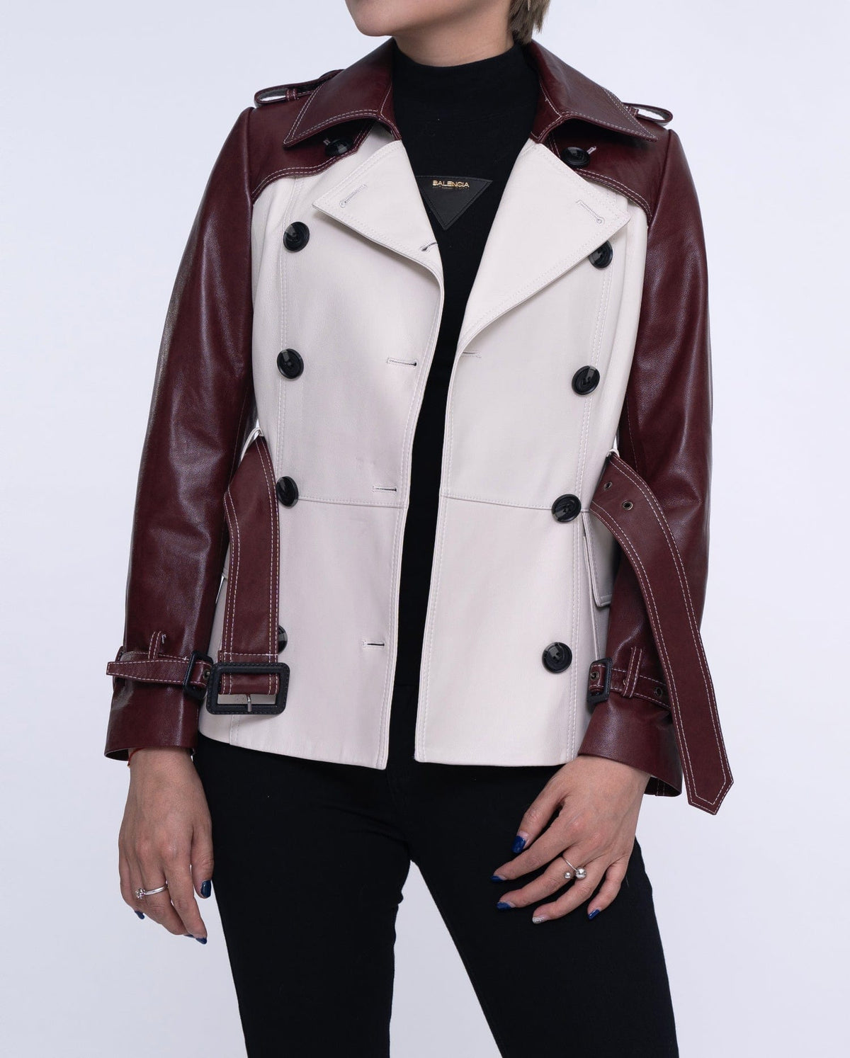 White-red Double-breasted Leather Trench Coat