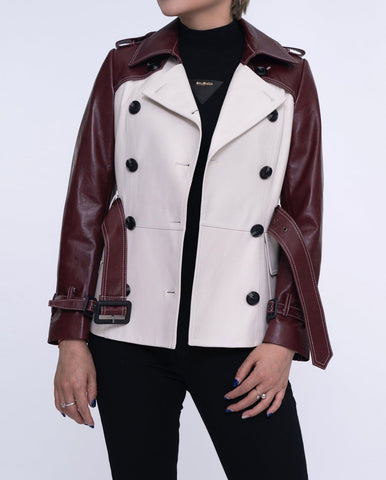 White-red Double-breasted Leather Trench Coat
