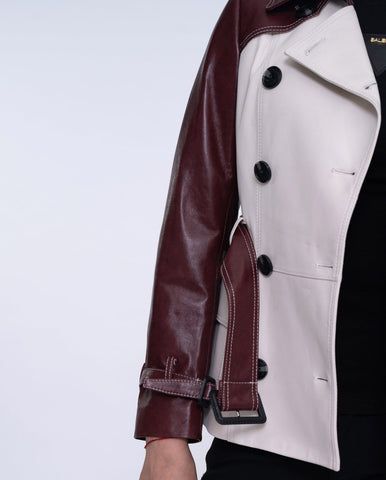 White-red Double-breasted Leather Trench Coat