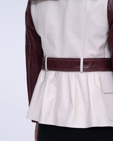 White-red Double-breasted Leather Trench Coat