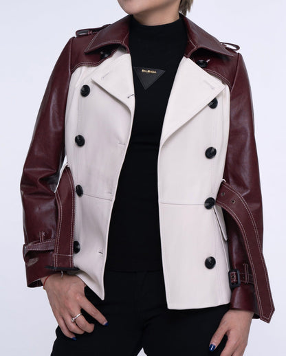 White-red Double-breasted Leather Trench Coat