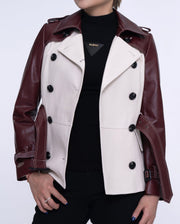 White-red Double-breasted Leather Trench Coat