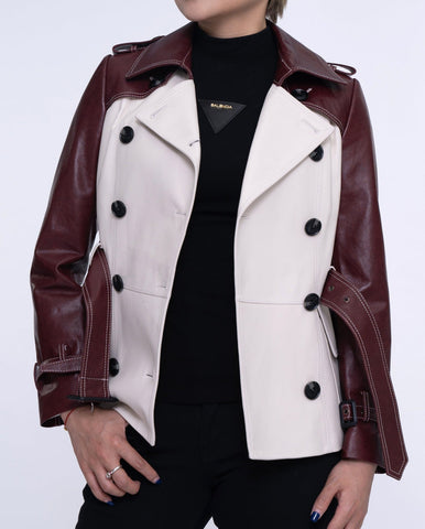 White-red Double-breasted Leather Trench Coat