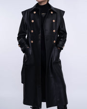 Black Double-breasted Long Leather Trench Coat