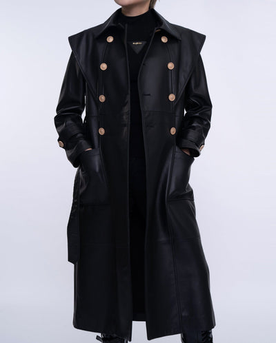 Black Double-breasted Long Leather Trench Coat