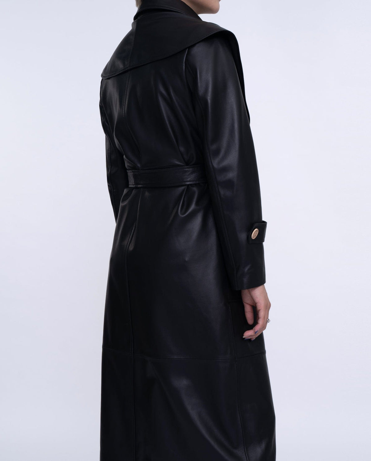 Black Double-breasted Long Leather Trench Coat