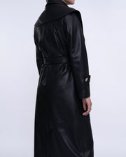 Black Double-breasted Long Leather Trench Coat